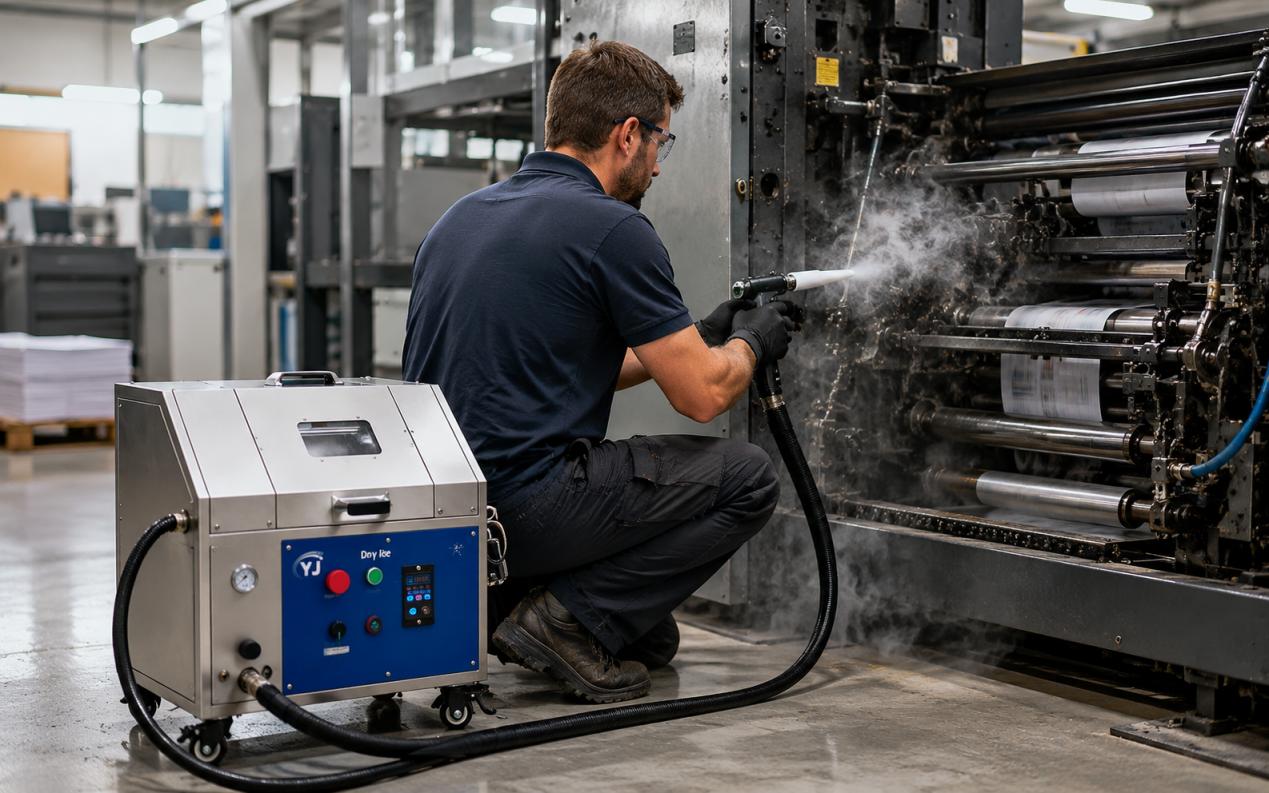Operator removing ink buildup and paper dust from printing press components with dry ice blasting Operator removing ink buildup and paper dust from printing press components with dry ice blasting