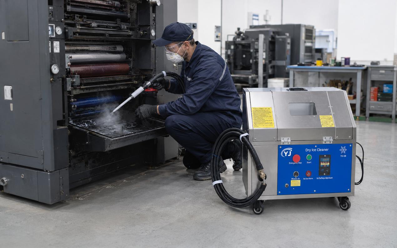 Dry ice blasting machine cleaning ink trays and rollers on a commercial printing press Dry ice blasting machine cleaning ink trays and rollers on a commercial printing press